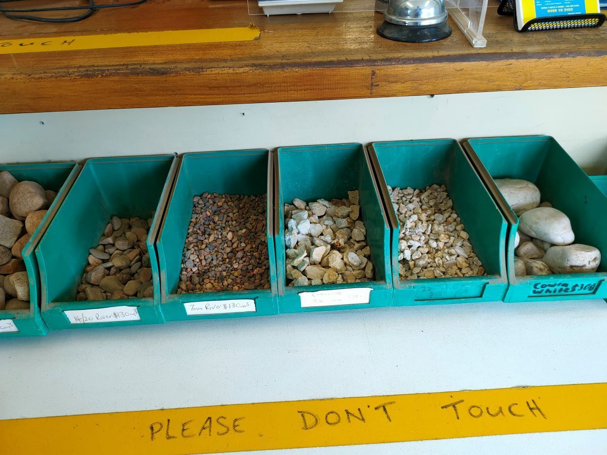 Bins of Landscaping Rocks, Green Bins, Labeled — Cessnock Landscaping Supplies In Cessnock, NSW