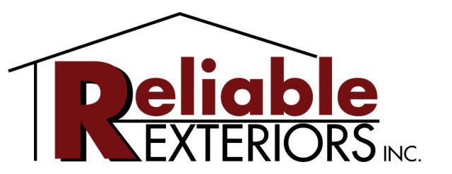 A red and black logo for reliable exteriors inc.