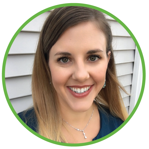 A woman in a blue shirt is smiling in a green circle