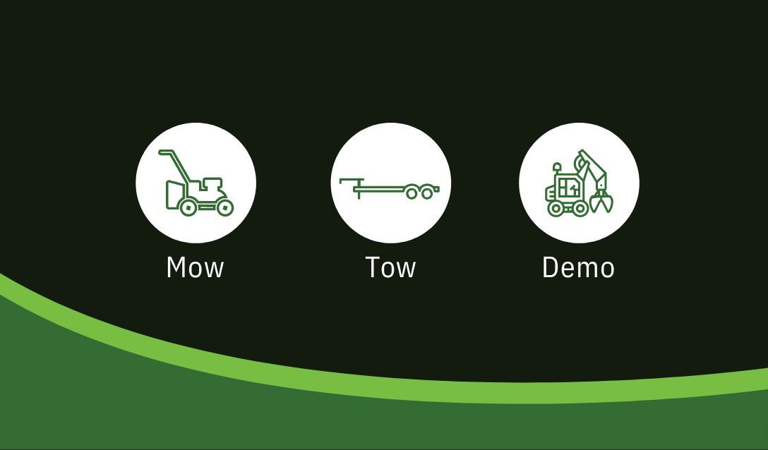 A lawn mower , tow truck , and demo icon on a green background.