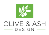 The logo for olive & ash design is a green square with an olive branch and leaves.