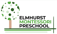 A logo for elmhurst montessori preschool with a tree and a cross.