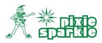 A pixie sparkle logo with a cartoon elf and a star.