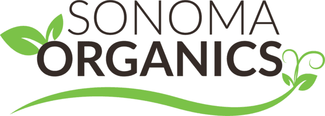 The sonoma organics logo is green and black with leaves.