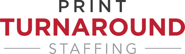 The logo for print turnaround staffing is red and black on a white background.