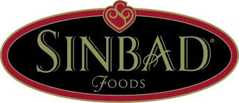 The sinbad foods logo is a black and red oval with a heart on it.