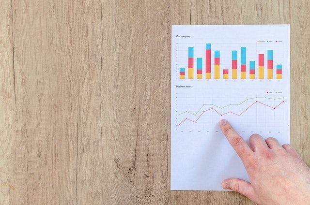 A person is pointing at a graph on a piece of paper on a wooden table.