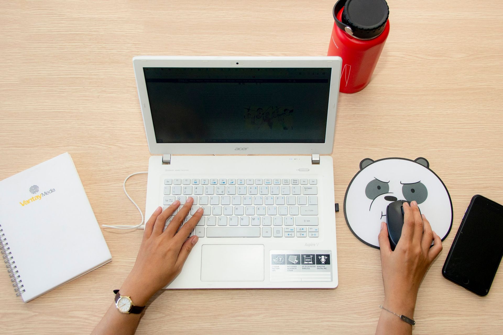 A person is typing on a laptop computer with a panda mouse pad.