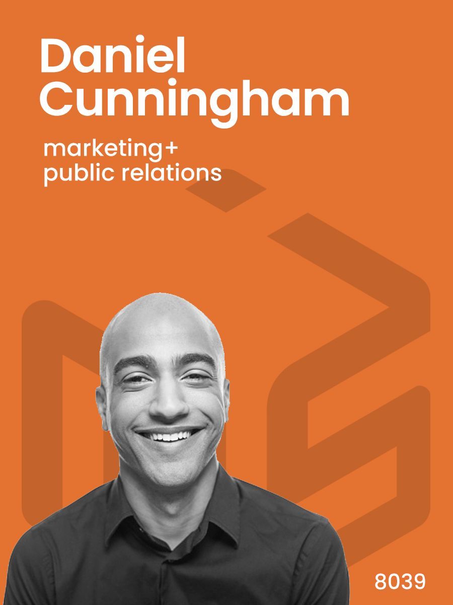 A black and white photo of daniel cunningham on an orange background