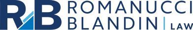 The logo for romanucci blandin law is blue and white.