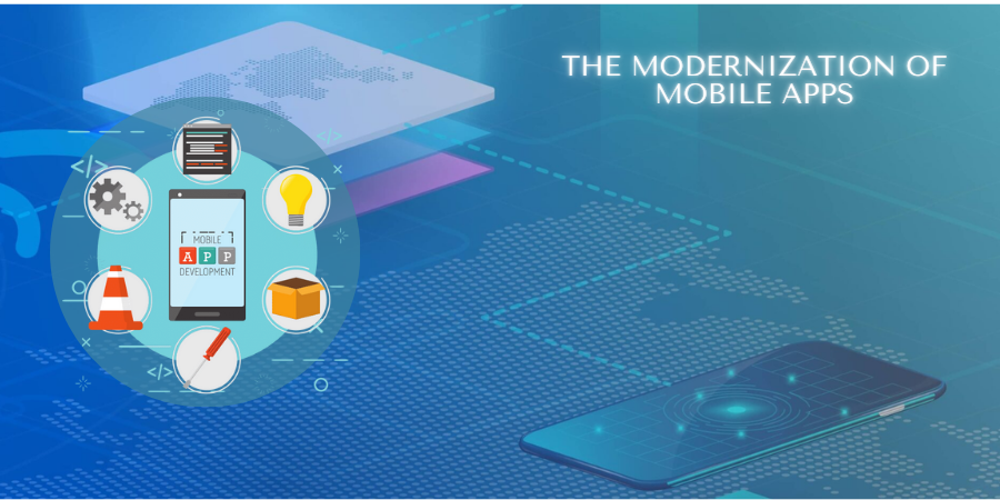 The modernization of mobile apps is shown on a blue background.