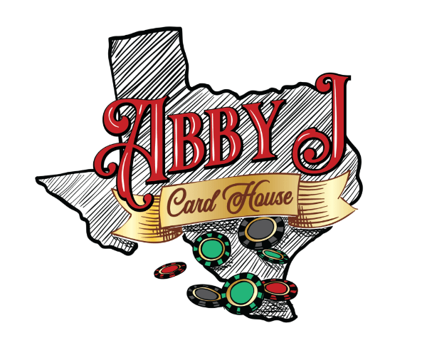 A logo for abby j card house with a map of texas