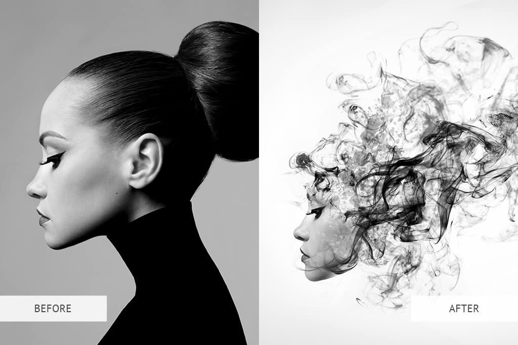 A before and after photo of a woman 's face with smoke coming out of her hair.