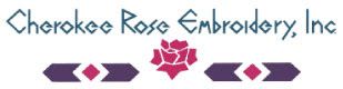 The logo for cherokee rose embroidery inc. has a pink rose on it.