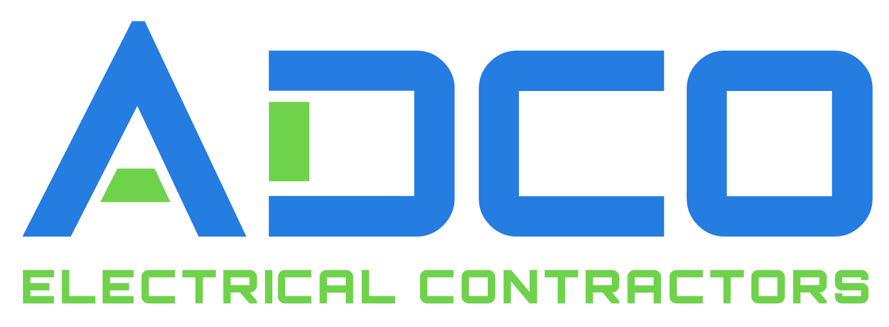 A blue and green logo for adco electrical contractors