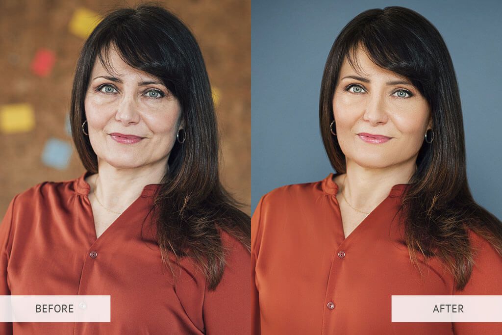 A before and after photo of a woman in a red shirt.