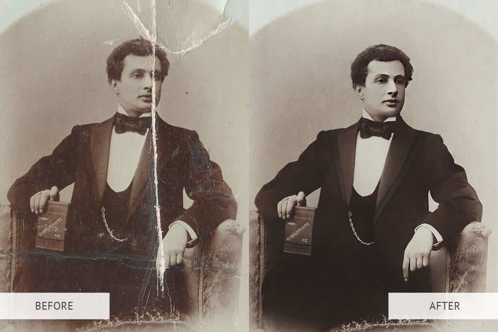 A before and after photo of a man in a tuxedo