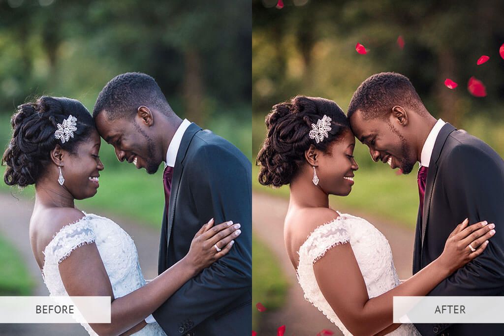 A bride and groom are posing for a picture before and after their wedding.