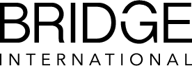 A black and white logo for bridge international on a white background.