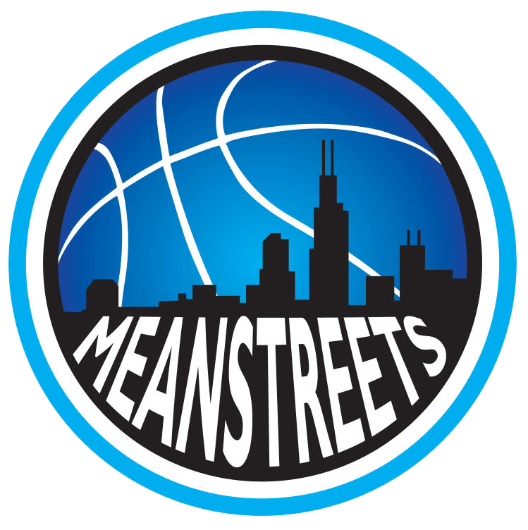 A logo for mean streets with a basketball and a city skyline