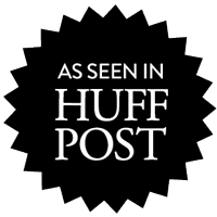 A black and white logo that says `` as seen in huff post ''.