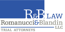 The logo for romanucci & blandin llc is blue and white.