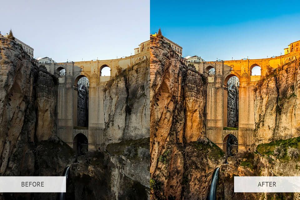 A before and after photo of a bridge over a river.