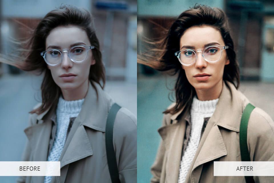 A before and after photo of a woman wearing glasses and a trench coat.