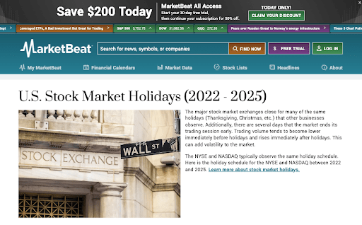 A screenshot of the u.s. stock market holidays website.