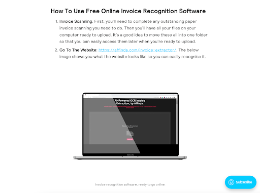 A screenshot of a website showing how to use free online invoice recognition software.