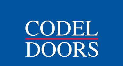 The logo for codel doors is on a blue background.