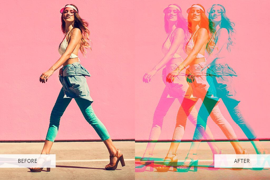 A before and after photo of a woman walking down a street.