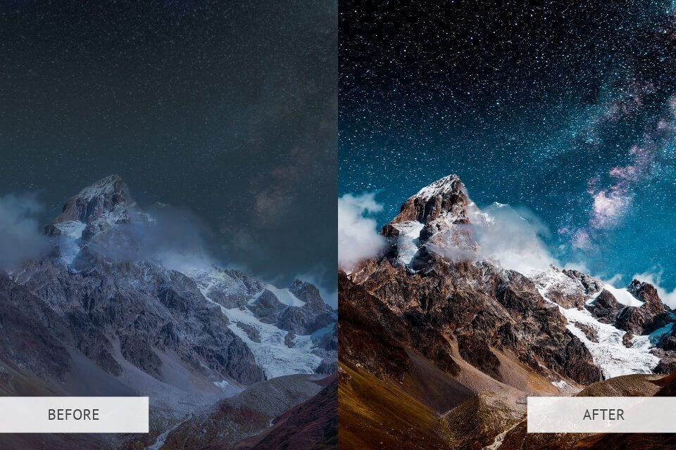 A before and after picture of a mountain at night.