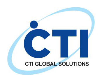 A blue and white logo for cti global solutions