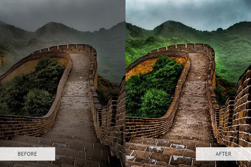 A before and after picture of the great wall of china.