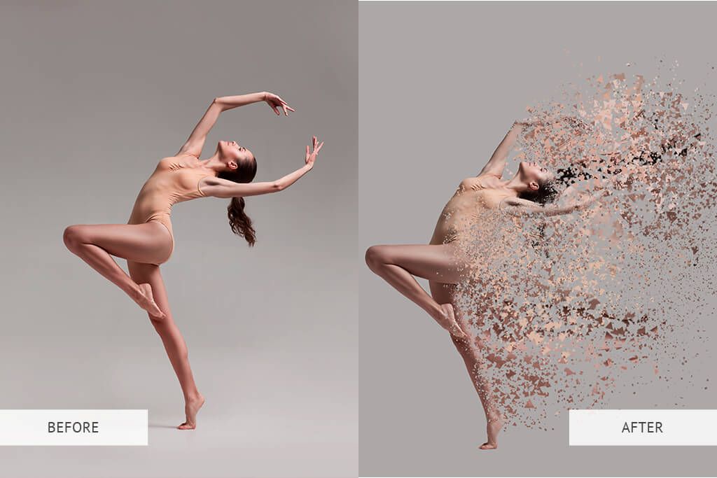 A before and after photo of a woman dancing.