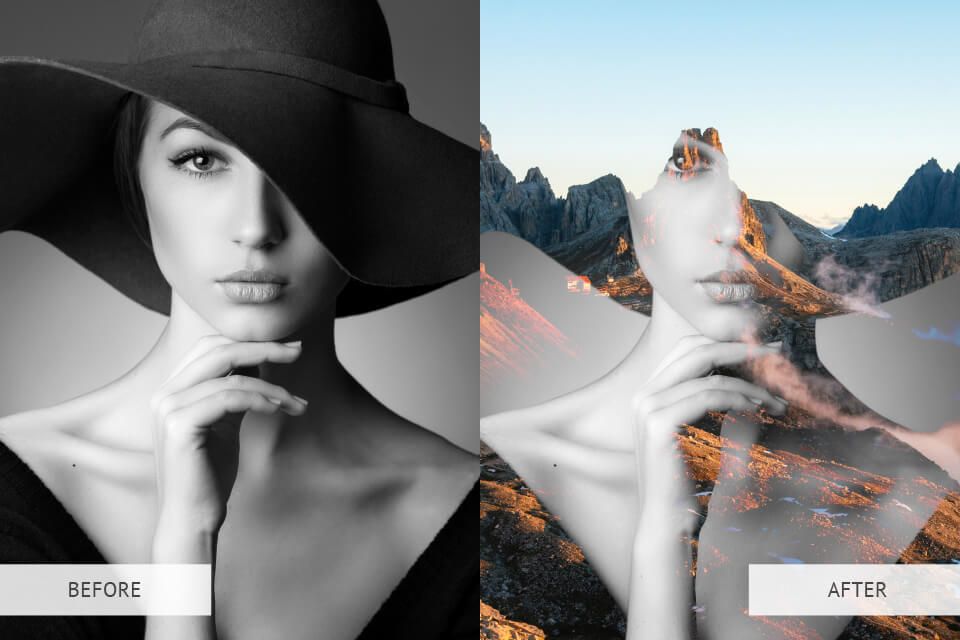 A before and after photo of a woman wearing a hat.