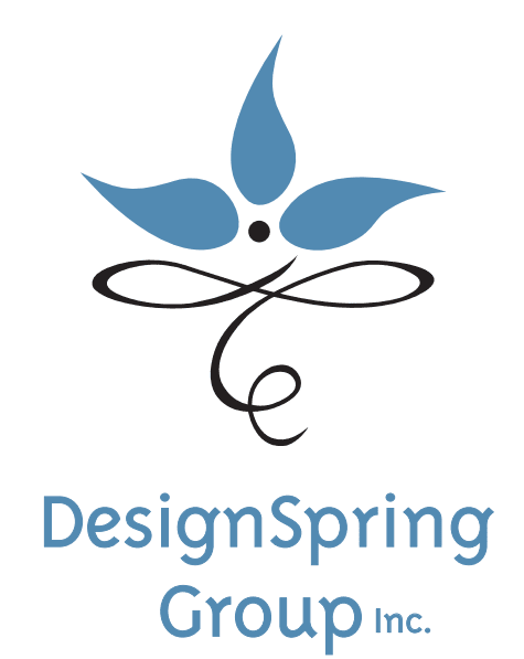 A logo for designspring group inc. with a blue flower