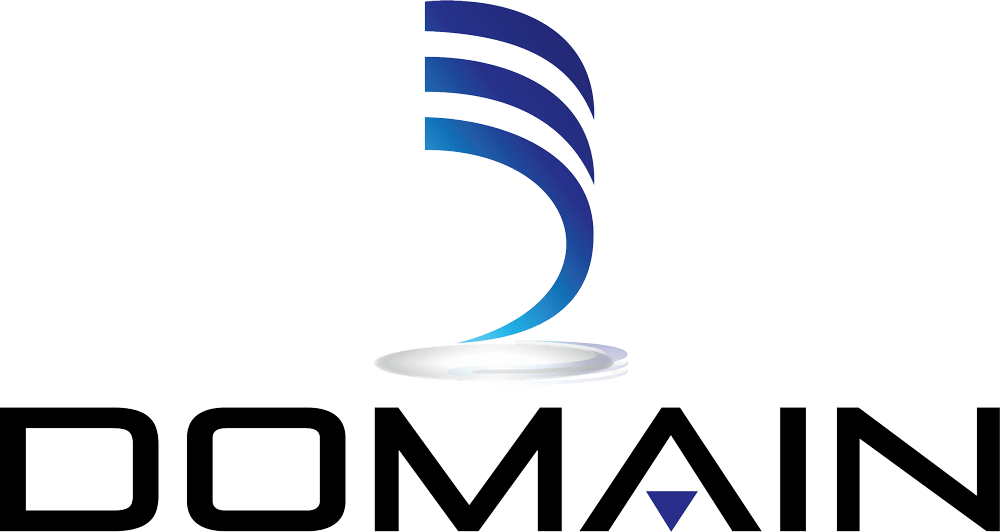 A logo for a company called domain with a blue and white sailboat.