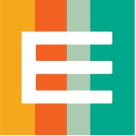 The letter e is on a colorful striped background.