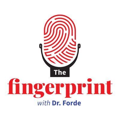 The logo for the fingerprint with dr. forde shows a fingerprint in a microphone.