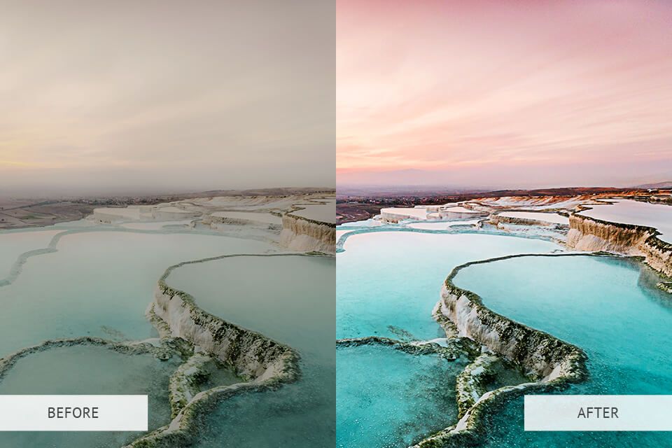 There is a before and after picture of a lake.