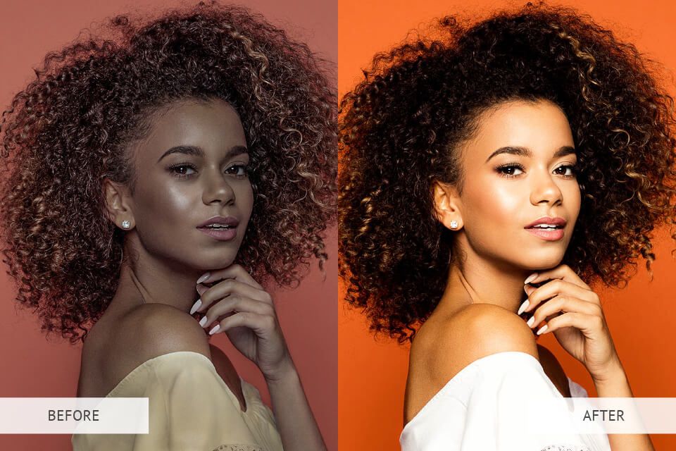 A before and after photo of a woman with curly hair.