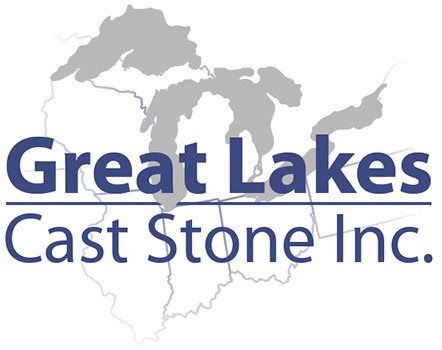 The logo for great lakes cast stone inc. shows a map of the state of michigan.