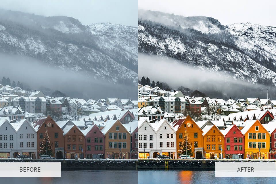 A before and after picture of a snowy city with mountains in the background.