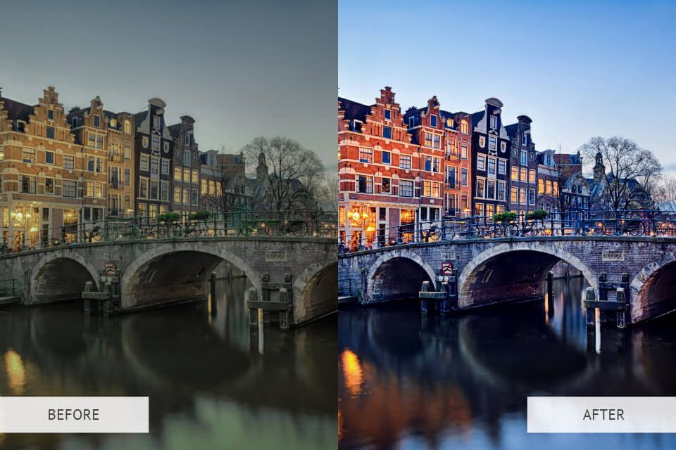 A before and after photo of a bridge over a river.