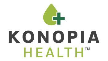 A logo for konopia health with a green drop and a green cross.