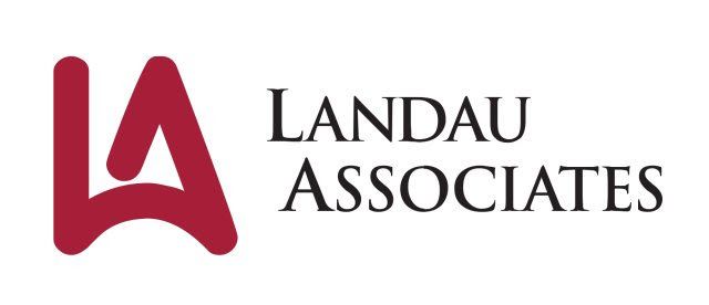 A red and white logo for landau associates