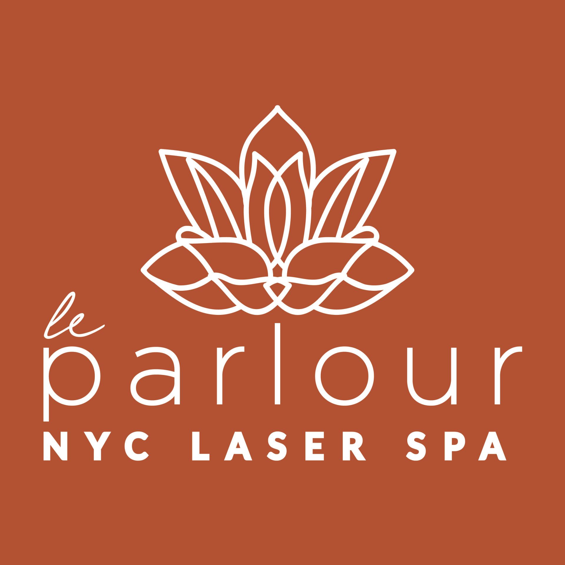 A logo for le parlour nyc laser spa with a lotus flower on a red background