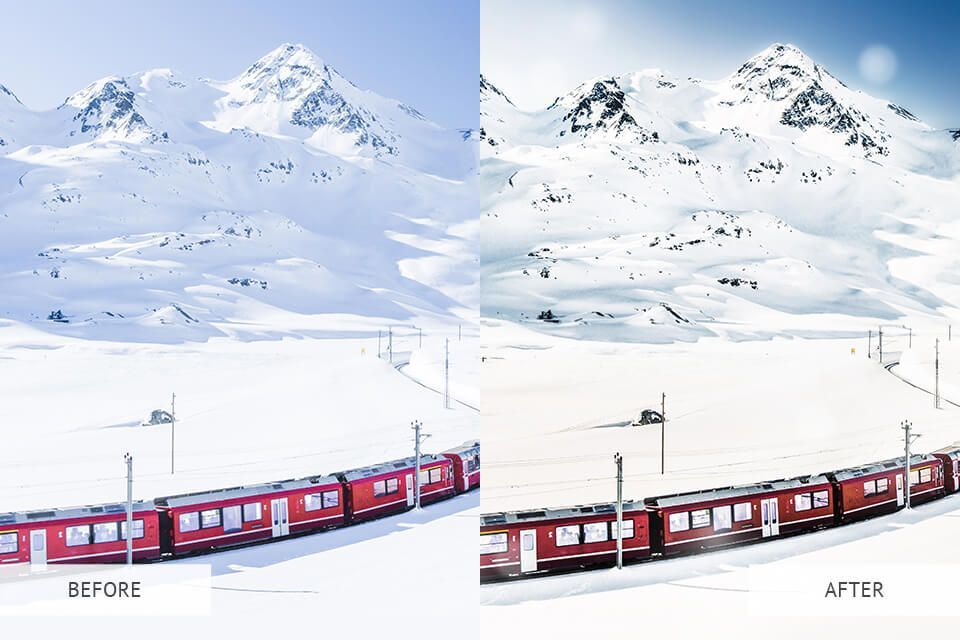 A before and after picture of a train in the snow